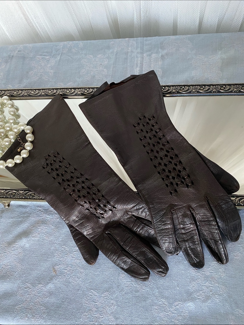 Brown Leather Driving Gloves - Women Classic Style Details Size 7.5